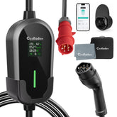 Câble de recharge EV portable Coolladen 11 kW Type 2 (16 A triphasé) avec contrôle via application – charge programmée, courant réglable, DDR type B, support mural et sac de transport inclus