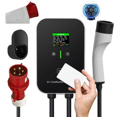 Borne de recharge domestique type 2 22 kW ou 11 kW Wallbox Câble de charge de 5 m avec support de chargeur Prise CEE triphasée pour tous les véhicules électriques et hybrides rechargeables