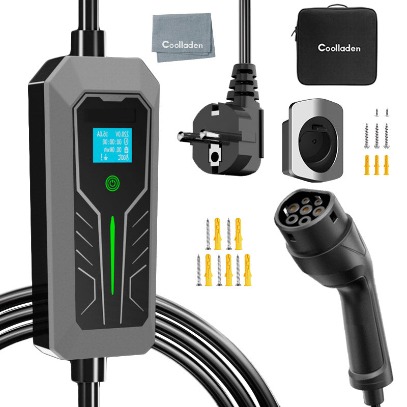 Câble de charge Coolladen Type 2 Schuko 3,5W 1-phase, Wallbox mobile EV Chargeur avec affichage numérique contrôlable pour voiture électrique, chargeur avec écran OLED pour i3, e-Up, ID.3, ID.4, Zoe, fortwo, Kona et autres VE
