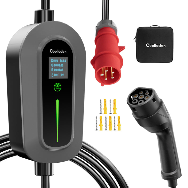 Coolladen Câble de charge type 2 prise CEE 11 kW [triphasé|5/10m|6-16A] avec puissance de charge réglable, station de charge et chargeur EV pour ID.3/4/5, e-up, e-tron, Zoe et autres EV