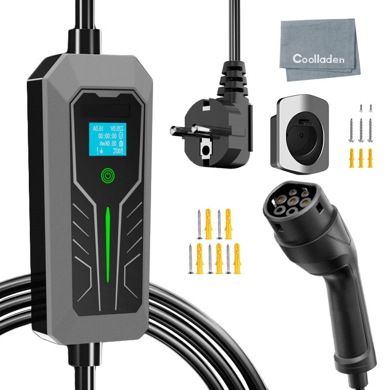 Câble de charge Coolladen Type 2 Schuko 3,5W 1-phase, Wallbox mobile EV Chargeur avec affichage numérique contrôlable pour voiture électrique, chargeur avec écran OLED pour i3, e-Up, ID.3, ID.4, Zoe, fortwo, Kona et autres VE
