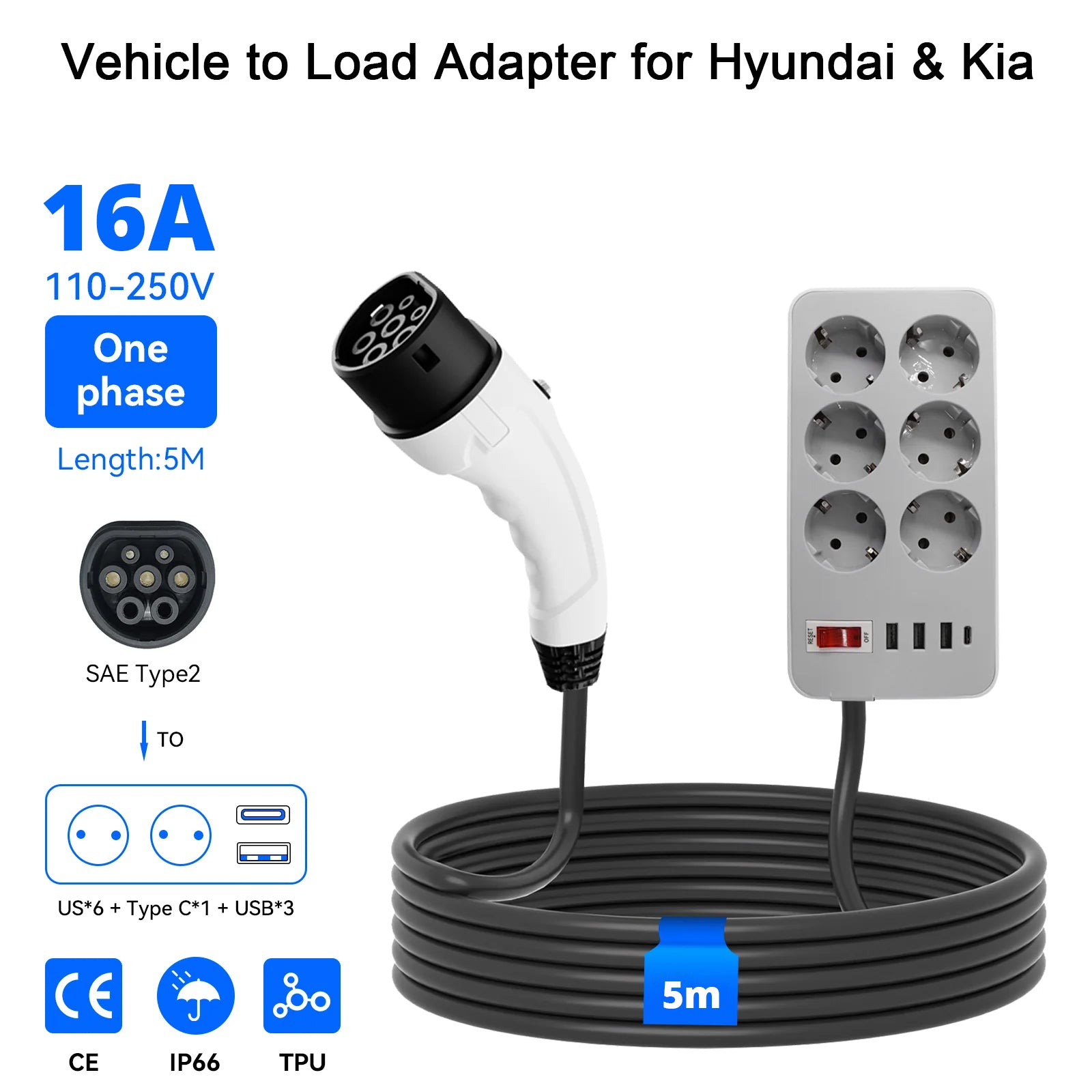 Adaptateur Vehicle to Load (V2L) pour MG et BYD, adaptateur de décharge pour véhicule électrique 16A Type 2 vers prise Schuko avec câble de 5 mètres