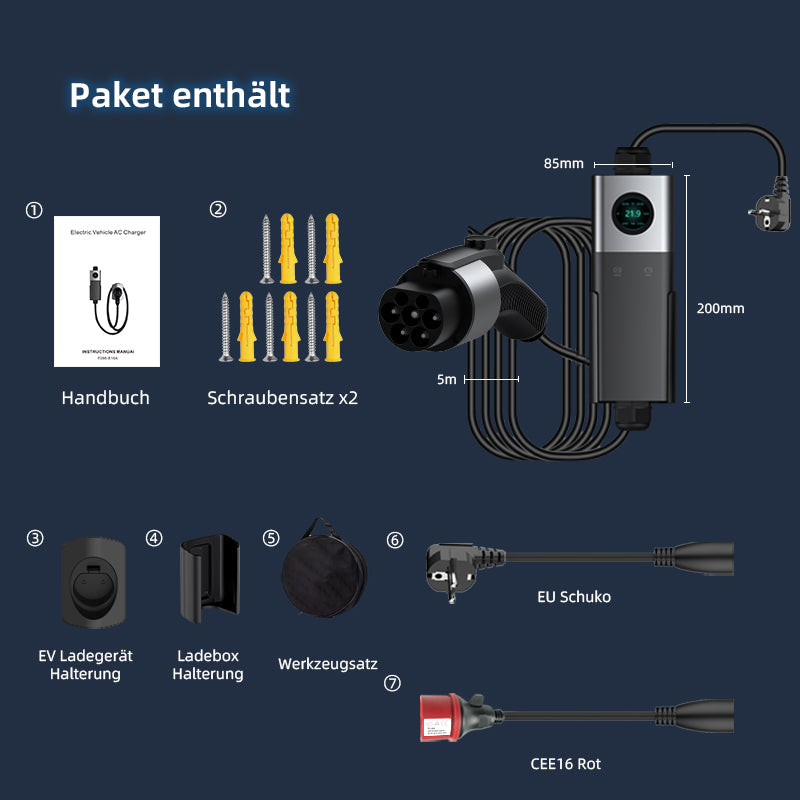 Coolladen Coolladen Mobile Wallbox WiFi avec application, charge jusqu'à 11 kW, chargeur EV type 2, câble 5 m, écran tactile, taille de courant réglable avec Schuko 16 A/CEE 16 A rouge