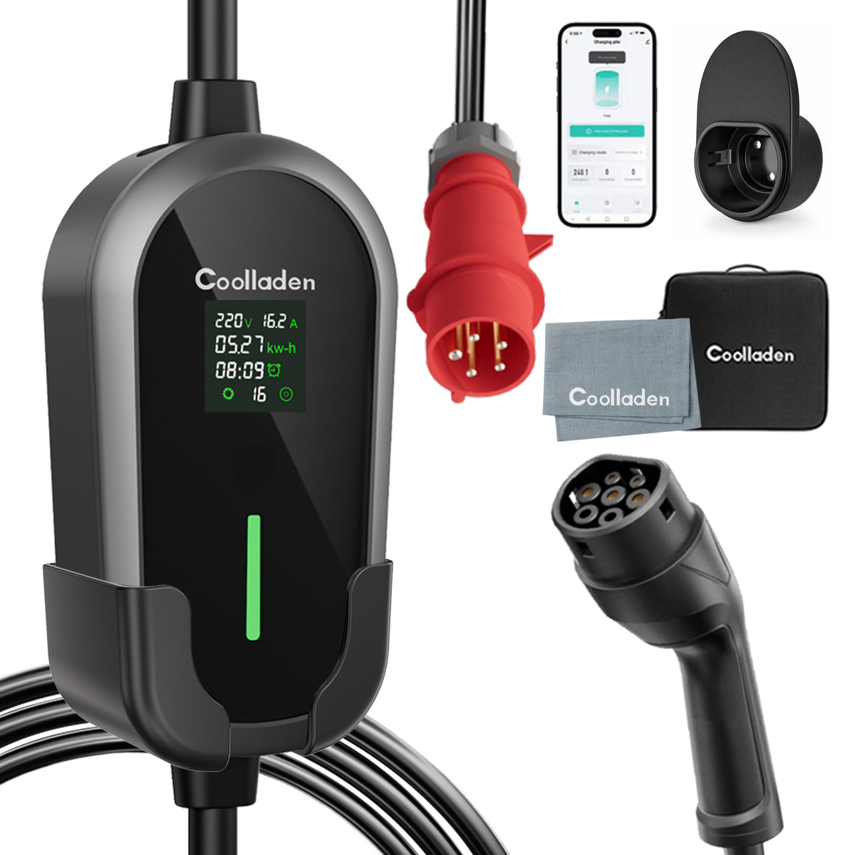 Câble de recharge EV portable Coolladen 11 kW Type 2 (16 A triphasé) avec contrôle via application – charge programmée, courant réglable, DDR type B, support mural et sac de transport inclus