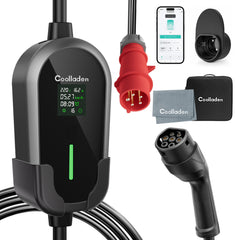 Câble de recharge EV portable Coolladen 11 kW Type 2 (16 A triphasé) avec contrôle via application – charge programmée, courant réglable, DDR type B, support mural et sac de transport inclus