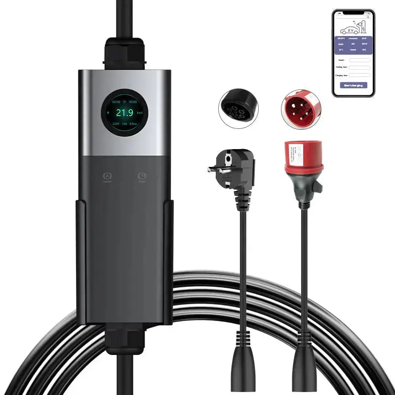 Coolladen Mobile Wallbox WiFi avec APP, charge jusqu'à 22kW, chargeur EV type 2, câble de 5M, écran tactile, taille de courant réglable avec Schuko 16A/CEE 32A Rouge/CEE 16A Rouge/CEE 32A Bleu