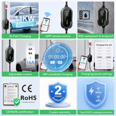 Câble de recharge EV portable Coolladen 11 kW Type 2 (16 A triphasé) avec contrôle via application – charge programmée, courant réglable, DDR type B, support mural et sac de transport inclus