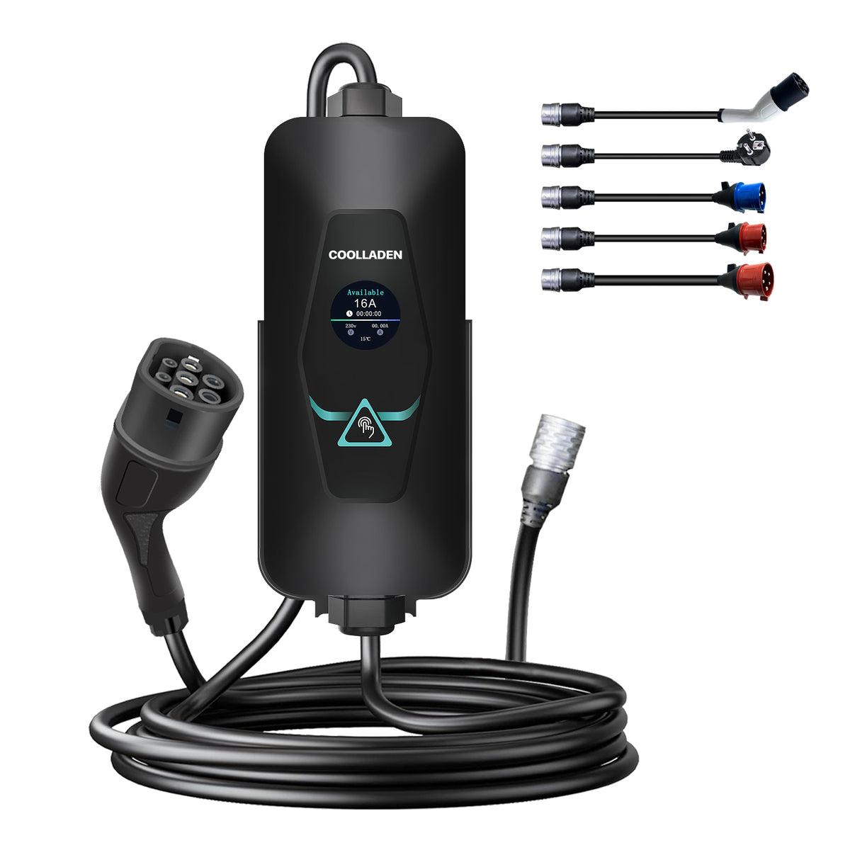 Coolladen 22kW Portable EV Charger Type 2 with Public Charging Station Power Adapter – Adjustable Current (6A-32A), Interchangeable CEE 32A/16A & Schuko Plugs, LCD Display 3-Phase Mobile EVSE