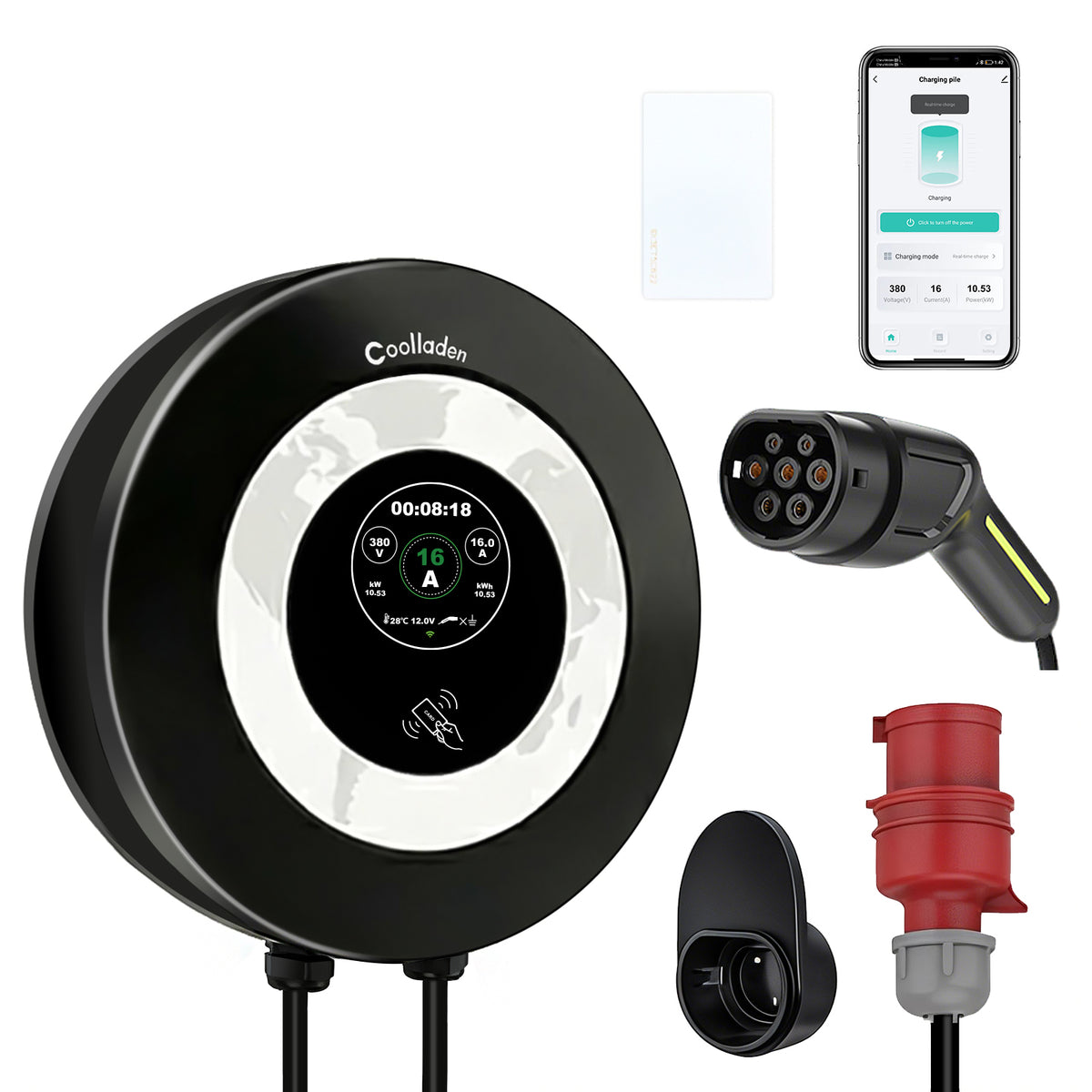 Coolladen Wallbox 11kW Contrôle via application & RFID, Type 2 vers CEE 16A 3 phases, Chargeur EV, Protection avancée fuite AC+DC (DDR type B)