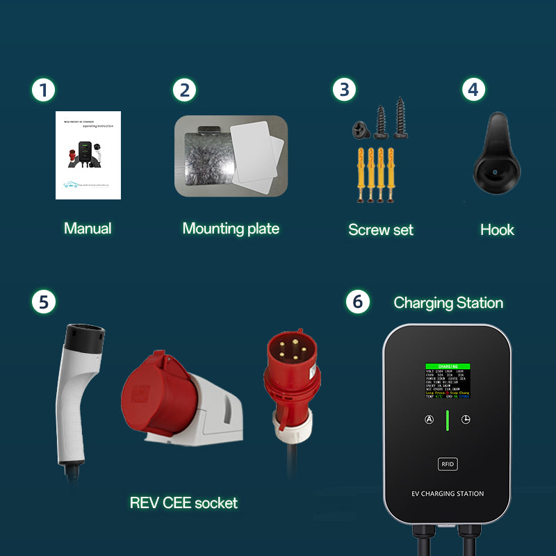 Chargeur EV intelligent 11~22kW, station de charge domestique, câble de charge Wallbox 5m avec support de chargeur, prise triphasée CEE pour tous les véhicules électriques et hybrides rechargeables