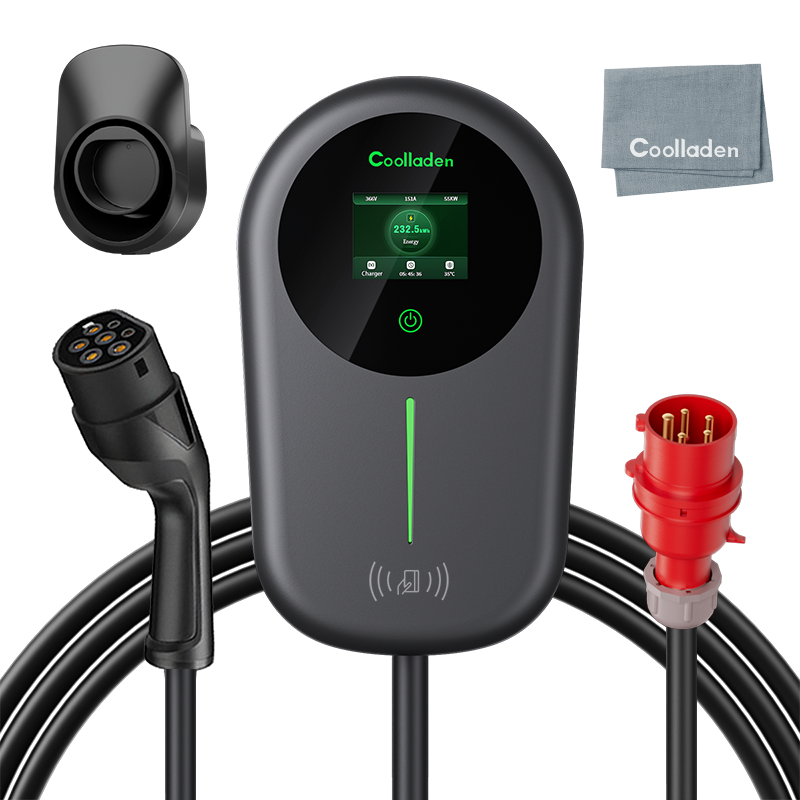 Coolladen Chargeur EV Smart APP avec station de charge domestique 32 A Type 2 11 kW, câble de charge Wallbox 5/10 m avec support de chargeur Contrôle par application Prise triphasée CEE pour tous les véhicules électriques et hybrides rechargeables