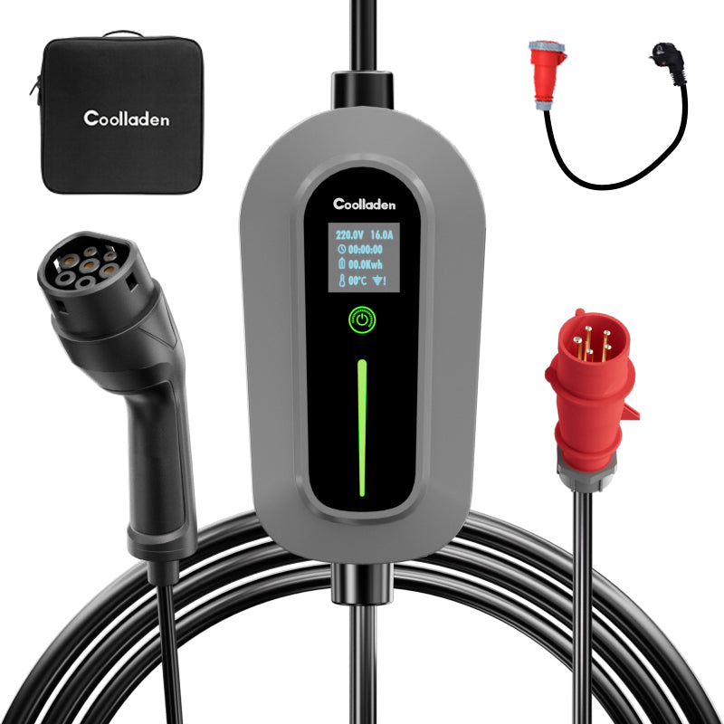 Coolladen Câble de charge Type 2 Prise CEE 11 KW  [3-Phase | 5/10m | 6-16A]  avec puissance de charge réglable, station de charge et chargeur EV pour ID. 3/4/5, E-Up, E-Tron, Zoe et autres EV