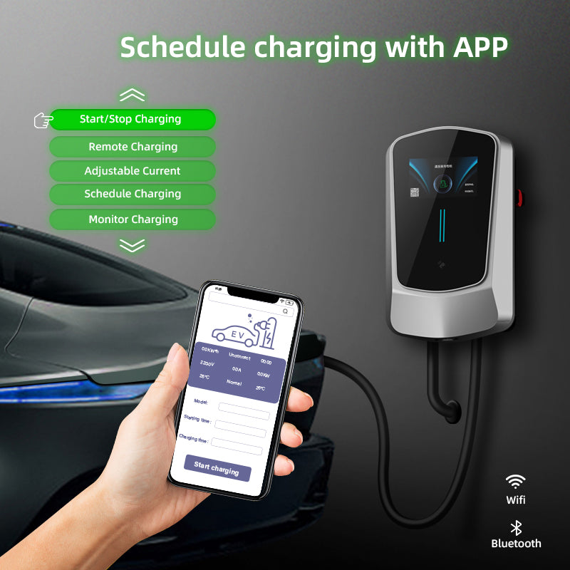 Coolladen Chargeur EV Smart APP avec borne de recharge domestique 32A Type 2 22kW 400V CE & TÜV wallbox Câble de charge de 5 m avec support de chargeur Contrôle par application Prise triphasée CEE pour tous les véhicules électriques et hybrides rechargeab