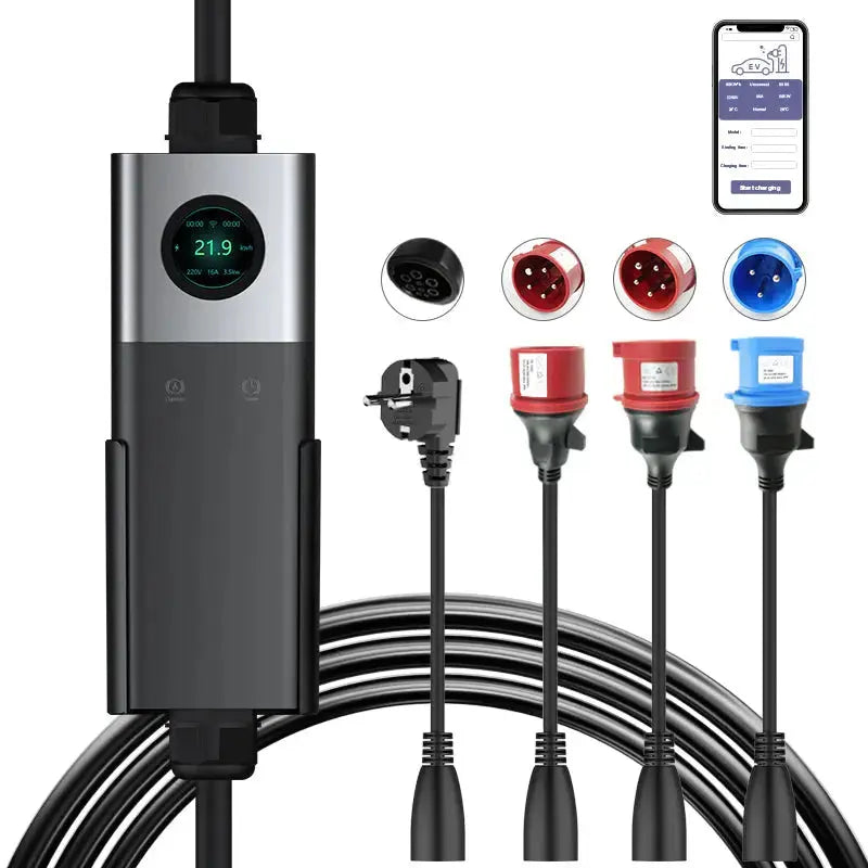 Coolladen Mobile Wallbox WiFi avec APP, Charge jusqu'à 11kW, Chargeur EV Type 2, Câble de 5M, Écran tactile, Taille de courant réglable avec Schuko 16A/CEE 16A Rouge