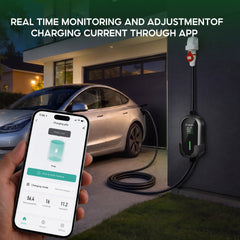 Câble de recharge EV portable Coolladen 11 kW Type 2 (16 A triphasé) avec contrôle via application – charge programmée, courant réglable, DDR type B, support mural et sac de transport inclus