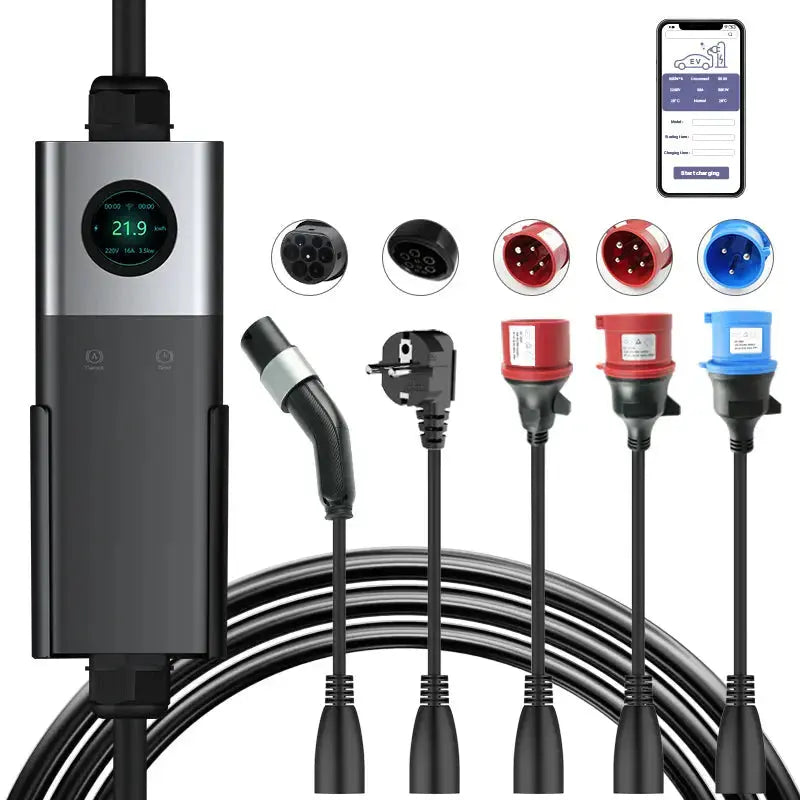 Coolladen Mobile Wallbox WiFi avec APP, Charge jusqu'à 11kW, Chargeur EV Type 2, Câble de 5M, Écran tactile, Taille de courant réglable avec Schuko 16A/CEE 16A Rouge