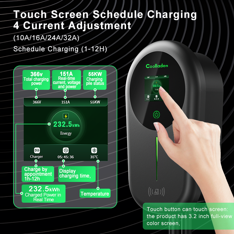 Coolladen  Chargeur EV Smart APP avec station de charge domestique 32 A Type 2 22 kW, câble de charge Wallbox 5/10 m avec support de chargeur Contrôle par application Prise triphasée CEE pour tous les véhicules électriques et hybrides rechargeables