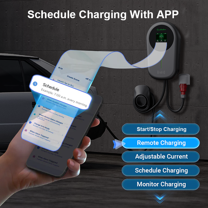 Coolladen Chargeur EV Smart APP avec station de charge domestique 32 A Type 2 11 kW, câble de charge Wallbox 5/10 m avec support de chargeur Contrôle par application Prise triphasée CEE pour tous les véhicules électriques et hybrides rechargeables