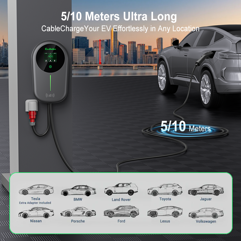 Coolladen Chargeur EV Smart APP avec station de charge domestique 32 A Type 2 11 kW, câble de charge Wallbox 5/10 m avec support de chargeur Contrôle par application Prise triphasée CEE pour tous les véhicules électriques et hybrides rechargeables