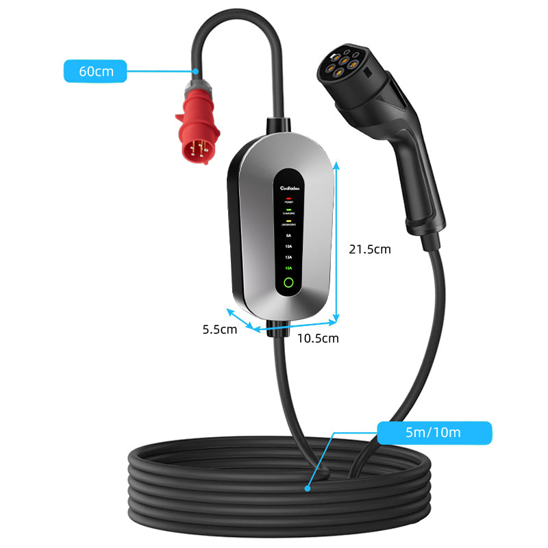 Coolladen Câble de charge type 2 prise CEE 11 kW [triphasé|5/10m|6-16A] avec puissance de charge réglable, station de charge et chargeur EV pour ID.3/4/5, e-up, e-tron, Zoe et autres EV