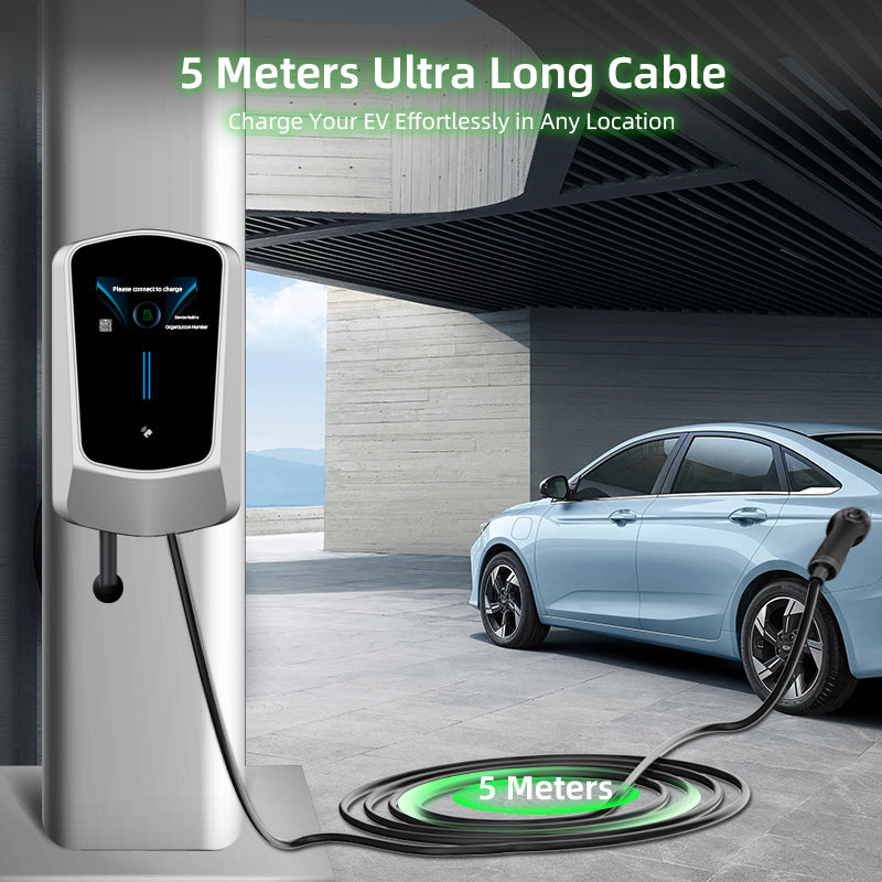 Coolladen Chargeur EV Smart APP avec borne de recharge domestique 32A Type 2 22kW 400V CE & TÜV wallbox Câble de charge de 5 m avec support de chargeur Contrôle par application Prise triphasée CEE pour tous les véhicules électriques et hybrides rechargeab