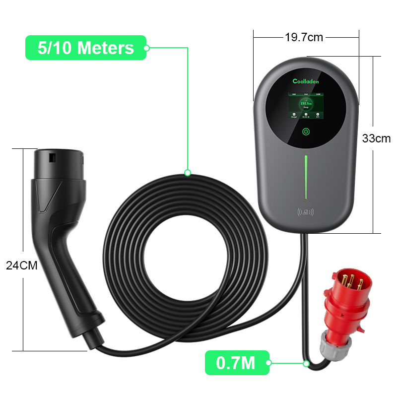 Coolladen Chargeur EV Smart APP avec station de charge domestique 32 A Type 2 11 kW, câble de charge Wallbox 5/10 m avec support de chargeur Contrôle par application Prise triphasée CEE pour tous les véhicules électriques et hybrides rechargeables