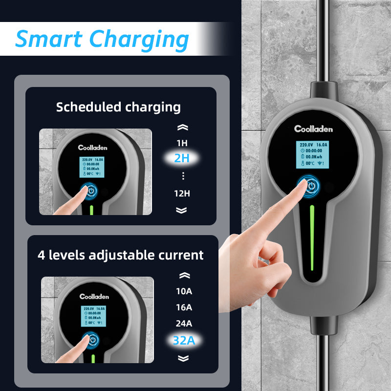 Colladen Chargeur portable EV 7 kW 1 phase 32 A Type 2 pour véhicule électrique, charge planifiée 8 heures, station de charge à courant réglable à 4 niveaux avec prise CEE