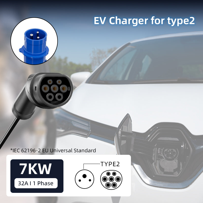 Colladen Chargeur portable EV 7 kW 1 phase 32 A Type 2 pour véhicule électrique, charge planifiée 8 heures, station de charge à courant réglable à 4 niveaux avec prise CEE