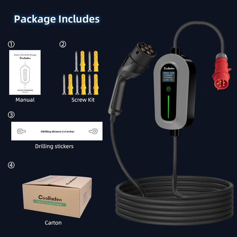 Coolladen Câble de charge type 2 prise CEE 11 kW [triphasé|5/10m|6-16A] avec puissance de charge réglable, station de charge et chargeur EV pour ID.3/4/5, e-up, e-tron, Zoe et autres EV