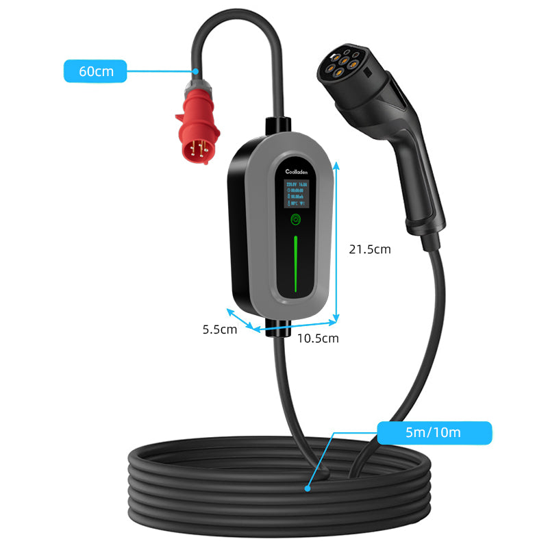 Coolladen Câble de charge type 2 prise CEE 11 kW [triphasé|5/10m|6-16A] avec puissance de charge réglable, station de charge et chargeur EV pour ID.3/4/5, e-up, e-tron, Zoe et autres EV