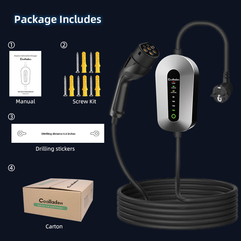 Coolladen Câble de charge type 2 Schuko 3,5 kW [monophasé, 6 m, 6-16 A], avec prise Schuko à 2 broches, chargeur de voiture électrique portable pour véhicules électriques et PHEV