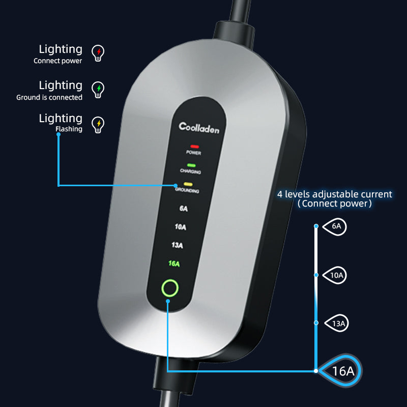 Coolladen Câble de charge type 2 Schuko 3,5 kW [monophasé, 6 m, 6-16 A], avec prise Schuko à 2 broches, chargeur de voiture électrique portable pour véhicules électriques et PHEV