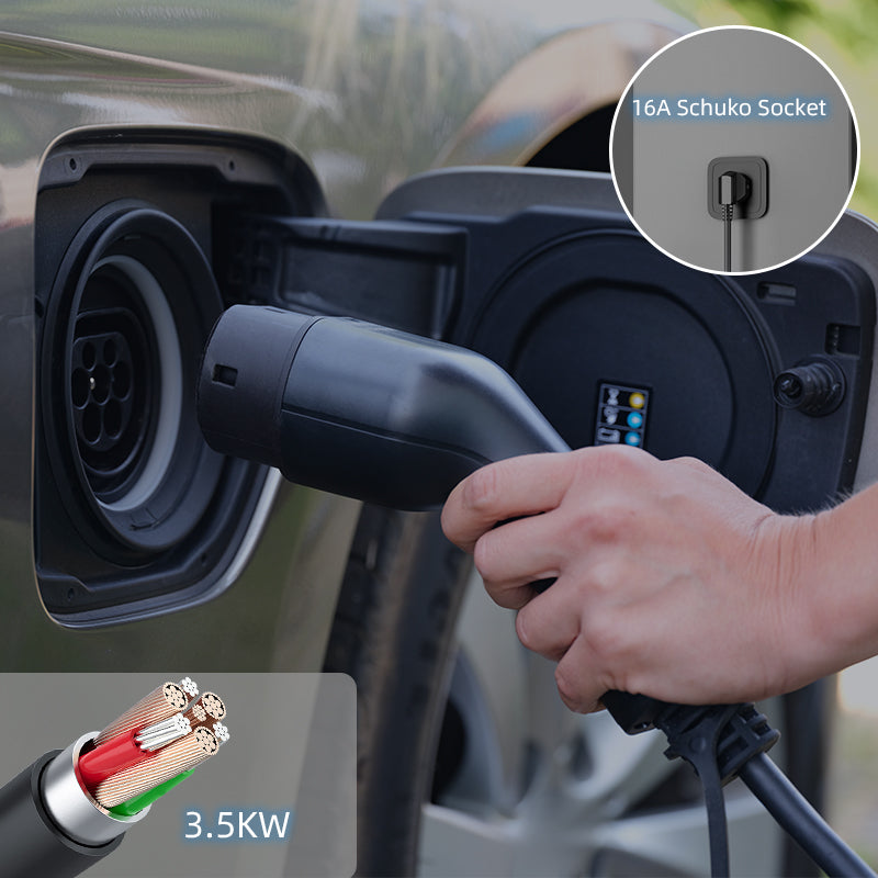 Coolladen Câble de charge type 2 Schuko 3,5 kW [monophasé, 6 m, 6-16 A], avec prise Schuko à 2 broches, chargeur de voiture électrique portable pour véhicules électriques et PHEV