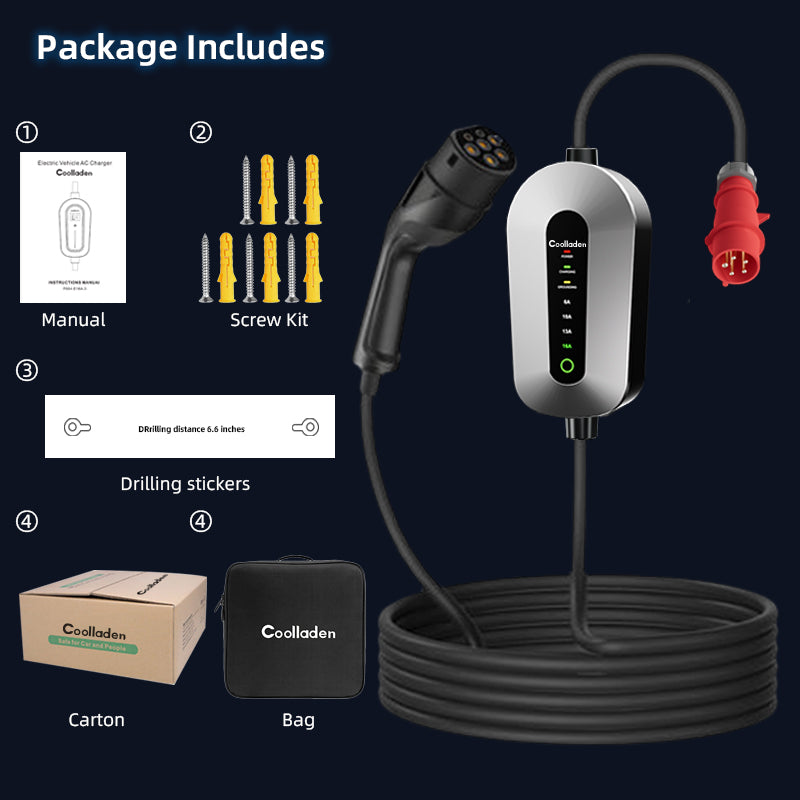 Coolladen Câble de charge type 2 prise CEE 11 KW  [triphasé | 3/5m | 6-16A]  avec puissance de charge réglable, station de charge et chargeur EV pour ID. 3/4/5, E-Up, E-Tron, Zoe et autres EV