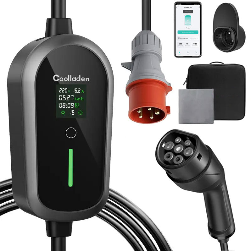 Coolladen Mobile Wallbox 11kW avec câble de charge type 2 prise CEE [3-phase|4m/6m/11m|6-16A] avec puissance de charge réglable, chargeur EV pour ID.3/4/5, e-up, e-tron, Zoe et autres VE