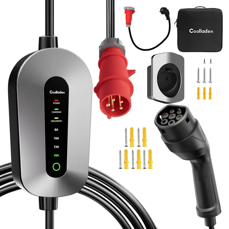 Câble de charge Coolladen Mobile Wallbox 11kW type 2 prise CEE [3-phase|4m/6m/11m|6-16A] avec puissance de charge réglable, station de charge et chargeur EV pour ID.3/4/5, e-up, e-tron, Zoe et autres VE